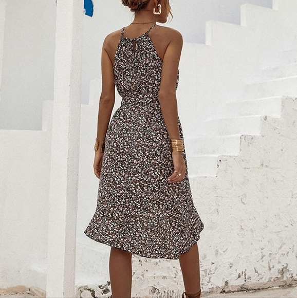 Sleeveless Halter Belted A-line Dress Floral Wrap Hem Belted Halter Dress slip - Picture 2 of 5